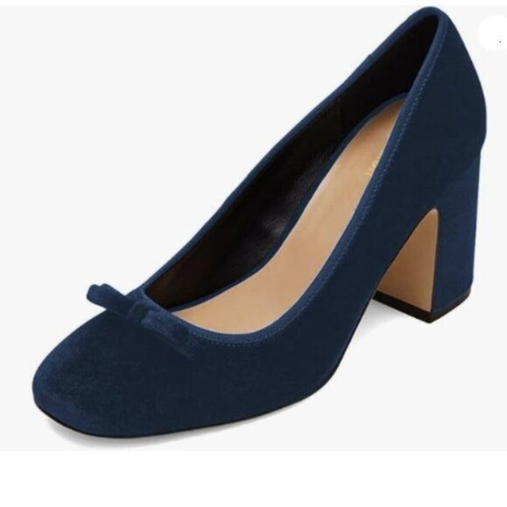 Pazzion Women Round Closed Toe Pumps Velvet Double Bows Chunky High Heel Navy